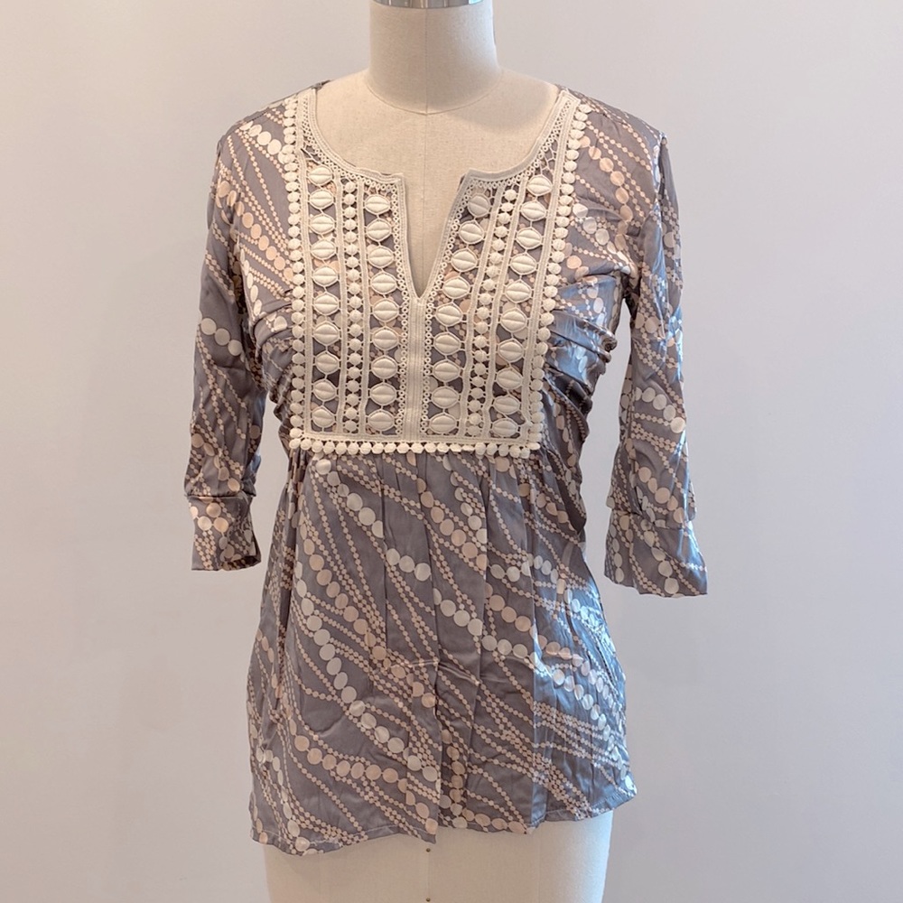 Prairie silk lace gathered front blouse